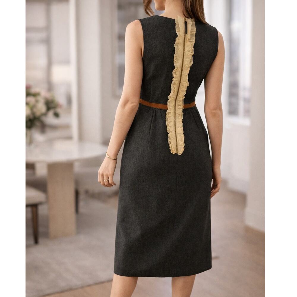 D&G Dolce & Gabbana Wool Silk Sheath Exposed Ruffled Zipper Dress Charcoal IT 38